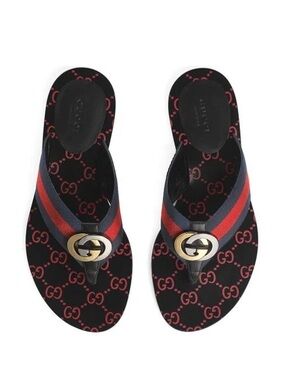 GUCCI Kika Web Interlocking GG Logo Slip On Thong Flip Flop Slides Sandals 37.5